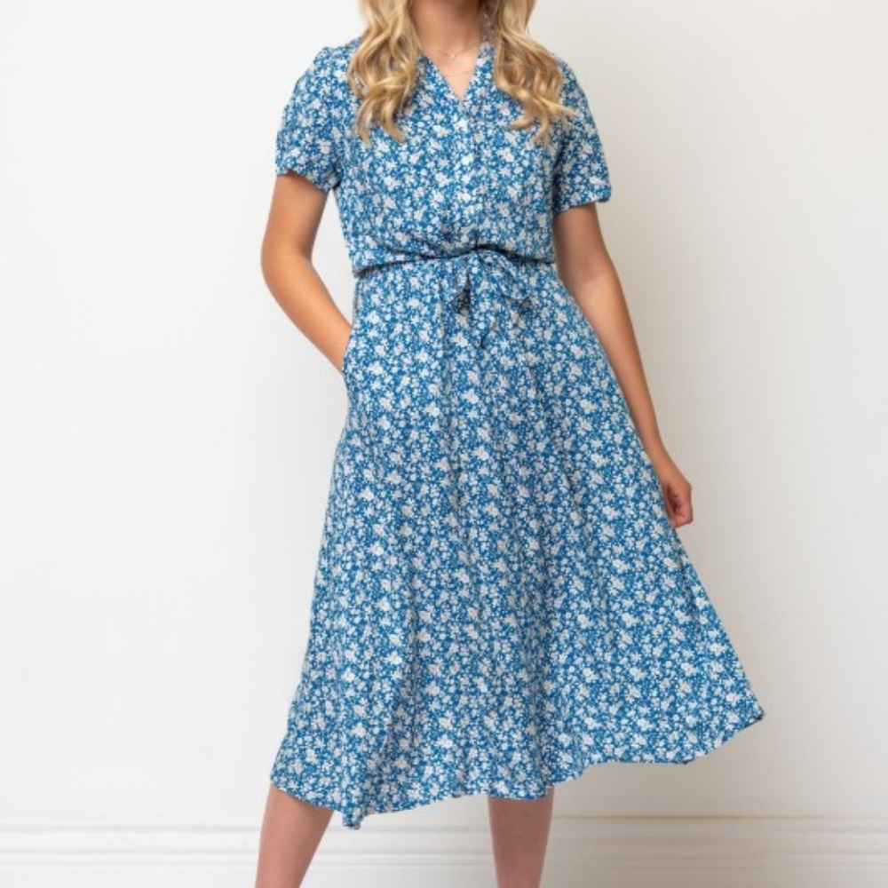 NWT - New Designer "Margaux USA" Blue Floral Tie Waist Midi Shirt Dress - XL